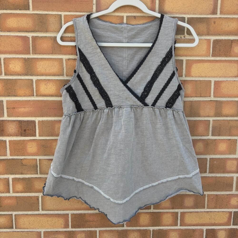 SHEIN Womens Medium Boho Babydoll Sleeveless Gray Black lace Top 100% Cotton